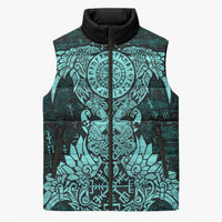 Valknut Ravens and Vegvisir Helm of Awe Sleeveless Puffer Jacket Viking Nordic Celtic Knotwork Turquoise Runic Art