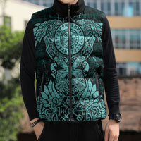Valknut Ravens and Vegvisir Helm of Awe Sleeveless Puffer Jacket Viking Nordic Celtic Knotwork Turquoise Runic Art