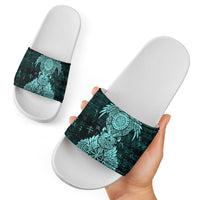 Valknut Ravens and Vegvisir Helm of Awe Slide Sandals Viking Nordic Celtic Knotwork Turquoise Runic Art