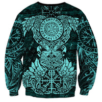 Valknut Ravens and Vegvisir Helm of Awe Sweatshirt Viking Nordic Celtic Knotwork Turquoise Runic Art