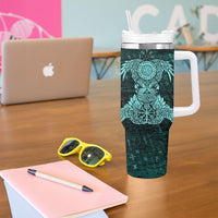 Valknut Ravens and Vegvisir Helm of Awe Tumbler With Handle Viking Nordic Celtic Knotwork Turquoise Runic Art