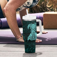 Valknut Ravens and Vegvisir Helm of Awe Tumbler With Handle Viking Nordic Celtic Knotwork Turquoise Runic Art