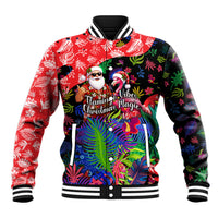Christmas In July Flamingo Baseball Jacket Magic Santa Claus Festive Tropical Hawaiian Beach Birds
