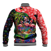 Christmas In July Flamingo Baseball Jacket Magic Santa Claus Festive Tropical Hawaiian Beach Birds