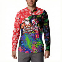 Christmas In July Flamingo Button Sweatshirt Magic Santa Claus Festive Tropical Hawaiian Beach Birds