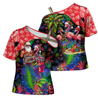 Christmas In July Flamingo Cross Shoulder Shirt Magic Santa Claus Festive Tropical Hawaiian Beach Birds