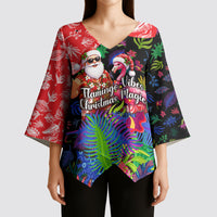 Christmas In July Flamingo Kimono Sleeve Blouse Magic Santa Claus Festive Tropical Hawaiian Beach Birds