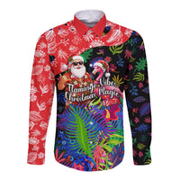 Christmas In July Flamingo Long Sleeve Button Shirt Magic Santa Claus Festive Tropical Hawaiian Beach Birds