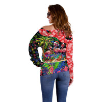 Christmas In July Flamingo Off Shoulder Sweater Magic Santa Claus Festive Tropical Hawaiian Beach Birds