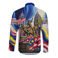 Malaysia Merdeka Independence Day Long Sleeve Button Shirt Patriotic Twin Towers Soldier National Flower Graphic