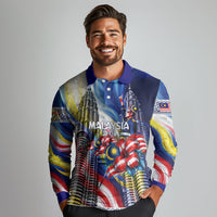 Malaysia Merdeka Independence Day Long Sleeve Polo Shirt Patriotic Twin Towers Soldier National Flower Graphic