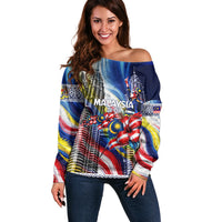 Malaysia Merdeka Independence Day Off Shoulder Sweater Patriotic Twin Towers Soldier National Flower Graphic