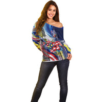Malaysia Merdeka Independence Day Off Shoulder Sweater Patriotic Twin Towers Soldier National Flower Graphic