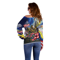 Malaysia Merdeka Independence Day Off Shoulder Sweater Patriotic Twin Towers Soldier National Flower Graphic