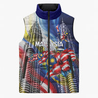 Malaysia Merdeka Independence Day Sleeveless Puffer Jacket Patriotic Twin Towers Soldier National Flower Graphic