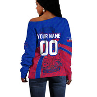 Personalized Haiti Soccer Les Grenadiers Off Shoulder Sweater Championship Football 2026 Trophy Haitian Flag Map