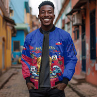 Personalized Haiti Soccer Les Grenadiers Sleeve Zip Bomber Jacket Championship Football 2026 Trophy Haitian Flag Map