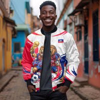Personalized Haiti Football Champions Bomber Jacket Roaring Lion Soccer Mascot With Haiti Trophy Flag