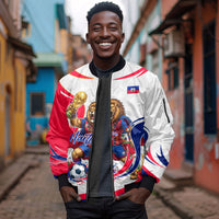 Personalized Haiti Football Champions Sleeve Zip Bomber Jacket Roaring Lion Soccer Mascot With Haiti Trophy Flag