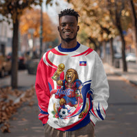 Personalized Haiti Football Champions Sweatshirt Roaring Lion Soccer Mascot With Haiti Trophy Flag