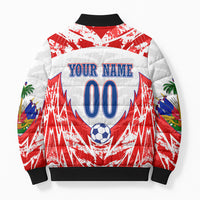 Custom Haiti Football Champions Bomber Puffer Jacket Haitian Soccer Fan - Tanbou Drums Tropical Flowers