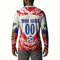 Custom Haiti Football Champions Button Sweatshirt Haitian Soccer Fan - Tanbou Drums Tropical Flowers