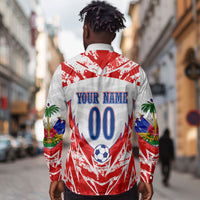 Custom Haiti Football Champions Long Sleeve Button Shirt Haitian Soccer Fan - Tanbou Drums Tropical Flowers