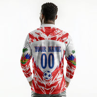 Custom Haiti Football Champions Long Sleeve Polo Shirt Haitian Soccer Fan - Tanbou Drums Tropical Flowers