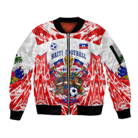Custom Haiti Football Champions Sleeve Zip Bomber Jacket Haitian Soccer Fan - Tanbou Drums Tropical Flowers