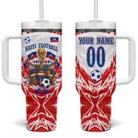 Custom Haiti Football Champions Tumbler With Handle Haitian Soccer Fan - Tanbou Drums Tropical Flowers