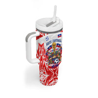 Custom Haiti Football Champions Tumbler With Handle Haitian Soccer Fan - Tanbou Drums Tropical Flowers