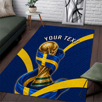 Personalized Sweden Football Trophy Area Rug Golden Cup Flag Ribbon Dynamic Stripes