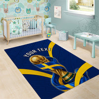 Personalized Sweden Football Trophy Area Rug Golden Cup Flag Ribbon Dynamic Stripes