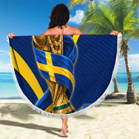 Personalized Sweden Football Trophy Beach Blanket Golden Cup Flag Ribbon Dynamic Stripes