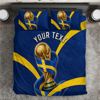 Personalized Sweden Football Trophy Bedding Set Golden Cup Flag Ribbon Dynamic Stripes