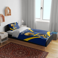 Personalized Sweden Football Trophy Bedding Set Golden Cup Flag Ribbon Dynamic Stripes