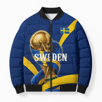 Personalized Sweden Football Trophy Bomber Puffer Jacket Golden Cup Flag Ribbon Dynamic Stripes