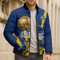 Personalized Sweden Football Trophy Bomber Puffer Jacket Golden Cup Flag Ribbon Dynamic Stripes