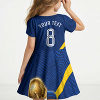 Personalized Sweden Football Trophy Kid Short Sleeve Dress Golden Cup Flag Ribbon Dynamic Stripes