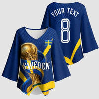 Personalized Sweden Football Trophy Kimono Sleeve Blouse Golden Cup Flag Ribbon Dynamic Stripes