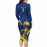 Personalized Sweden Football Trophy Long Sleeve Bodycon Dress Golden Cup Flag Ribbon Dynamic Stripes