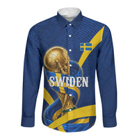 Personalized Sweden Football Trophy Long Sleeve Button Shirt Golden Cup Flag Ribbon Dynamic Stripes