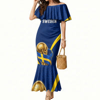 Personalized Sweden Football Trophy Mermaid Dress Golden Cup Flag Ribbon Dynamic Stripes