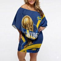 Personalized Sweden Football Trophy Off Shoulder Short Dress Golden Cup Flag Ribbon Dynamic Stripes