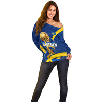 Personalized Sweden Football Trophy Off Shoulder Sweater Golden Cup Flag Ribbon Dynamic Stripes