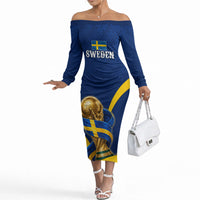 Personalized Sweden Football Trophy Off The Shoulder Long Sleeve Dress Golden Cup Flag Ribbon Dynamic Stripes