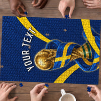 Personalized Sweden Football Trophy Puzzle Golden Cup Flag Ribbon Dynamic Stripes