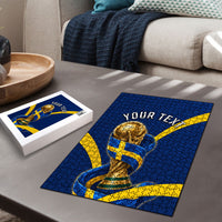 Personalized Sweden Football Trophy Puzzle Golden Cup Flag Ribbon Dynamic Stripes