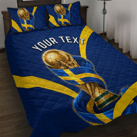 Personalized Sweden Football Trophy Quilt Bed Set Golden Cup Flag Ribbon Dynamic Stripes