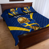 Personalized Sweden Football Trophy Quilt Bed Set Golden Cup Flag Ribbon Dynamic Stripes